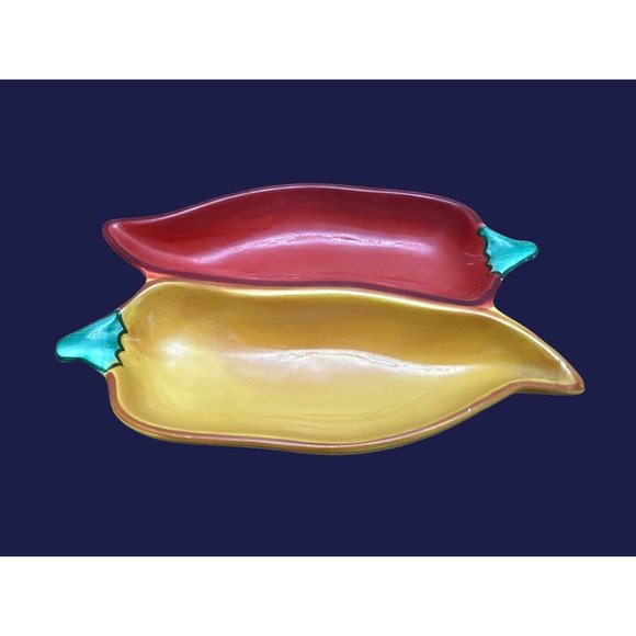 1990s C.A. Clay Art Chili Peppers Salsa Dish Divided Appetizer Dish - Picture 1 of 4